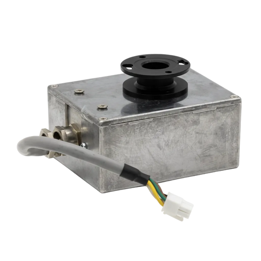 A rectangular galvanized metal lamp housing with a black circular top flange and a gray attached cable ending in a white connector, shown on a light gray background with the text 'AKTA UV-900 Lamp' below.