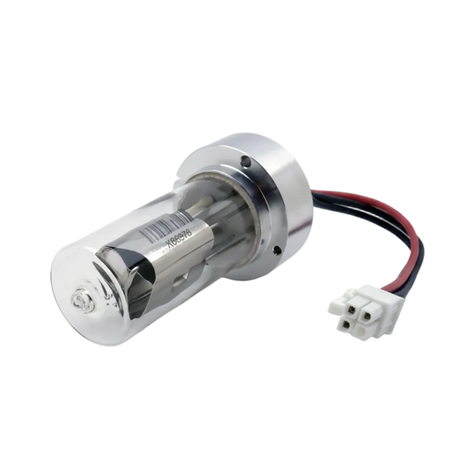 A cylindrical automotive flash lamp with a clear glass body, silver metal base, and red/black wire connector, shown on a white background with the text 'Armen Long Life Flash Lamp' below.