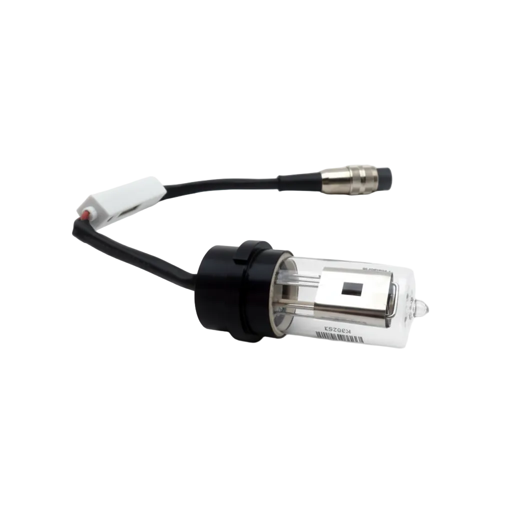 A Bischoff UV-Vis replacement car headlight bulb with a black connector housing, clear glass envelope, and black wire harness with a white connector, shown on a light gray background with text overlay 'Bischoff UV-Vis Lamp'.