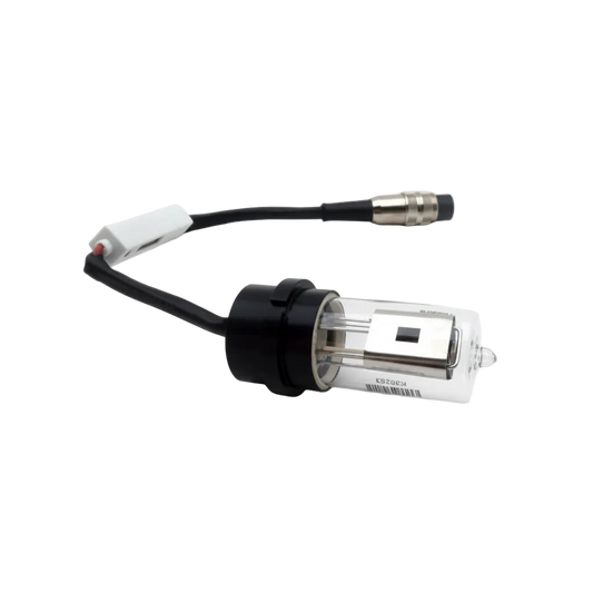 A Bischoff UV-Vis replacement car headlight bulb with a black connector housing, clear glass envelope, and black wire harness with a white connector, shown on a light gray background with text overlay 'Bischoff UV-Vis Lamp'.