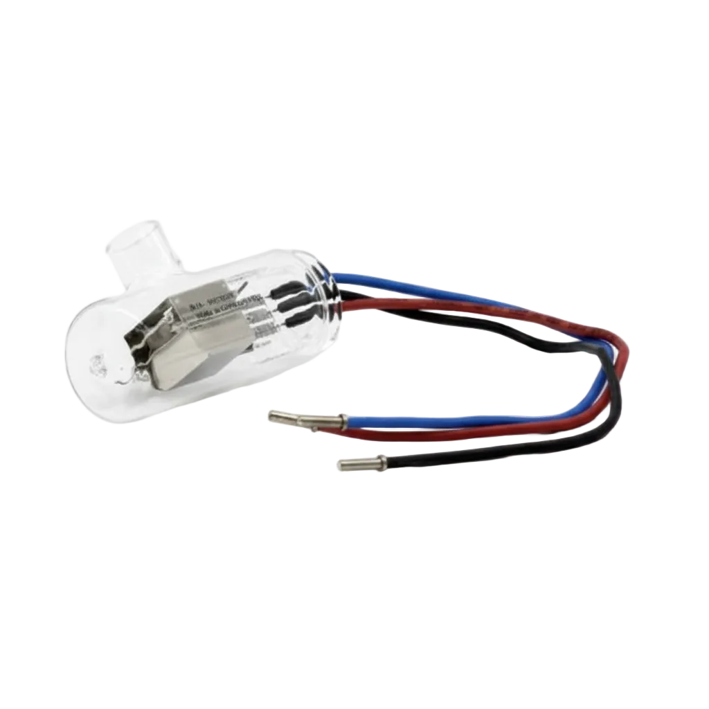 A Cecil Instruments D2 lamp with a clear glass envelope, silver internal elements, and three wire leads in blue, red, and black, shown on a white background with the text 'Cecil Instruments D2 Lamp' below.