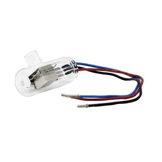 A Cecil Instruments D2 lamp with a clear glass envelope, silver internal elements, and three wire leads in blue, red, and black, shown on a white background with the text 'Cecil Instruments D2 Lamp' below.