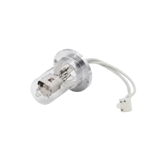 A clear glass automotive or motorcycle light bulb with a silver metal base and two attached white wires, shown on a plain white background.