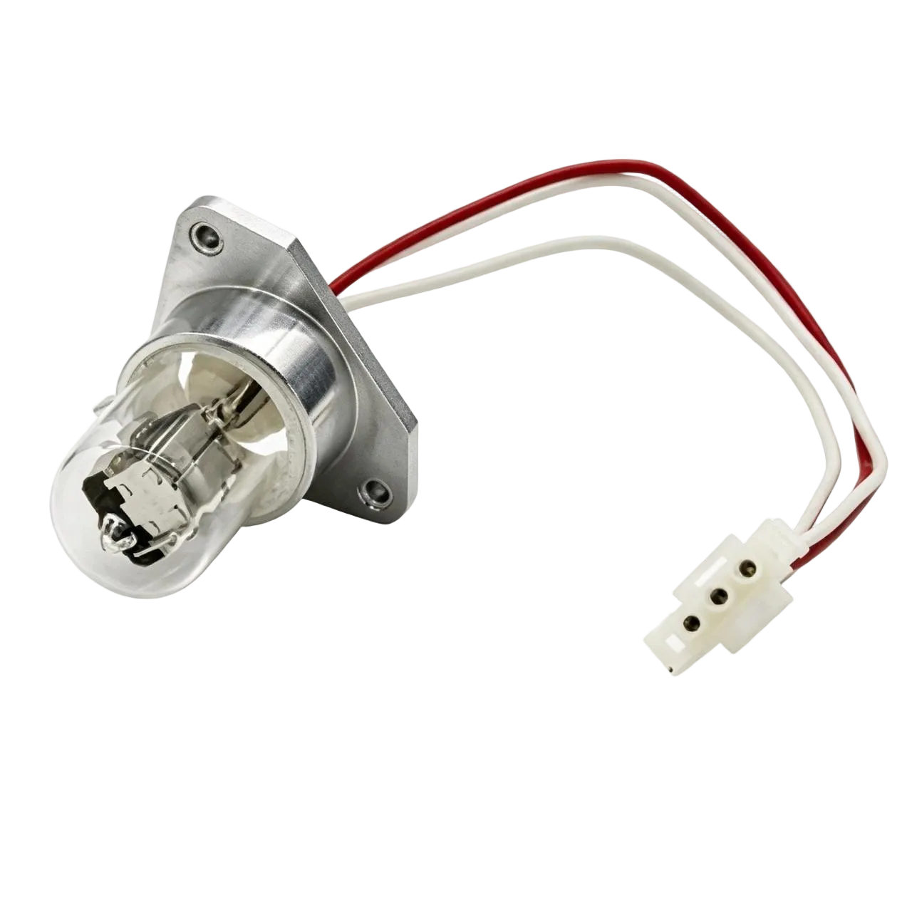 A small automotive or appliance light bulb with a clear glass envelope, silver metal base, and attached wires leading to a white connector, shown on a transparent checkerboard background.