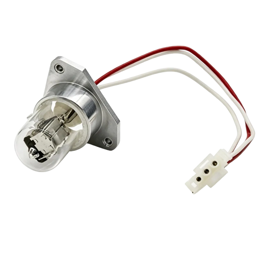A small automotive or appliance light bulb with a clear glass envelope, silver metal base, and attached wires leading to a white connector, shown on a transparent checkerboard background.