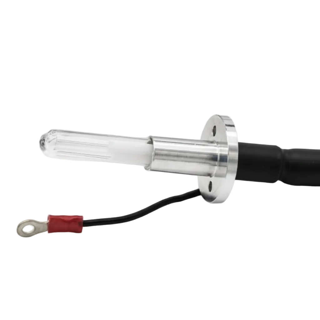 A GE Healthcare AKTA Prime Lamp high-current electrode tip with a clear glass bulb, silver metal flange, black cable, and red ring terminal, shown on a white background with text overlay.