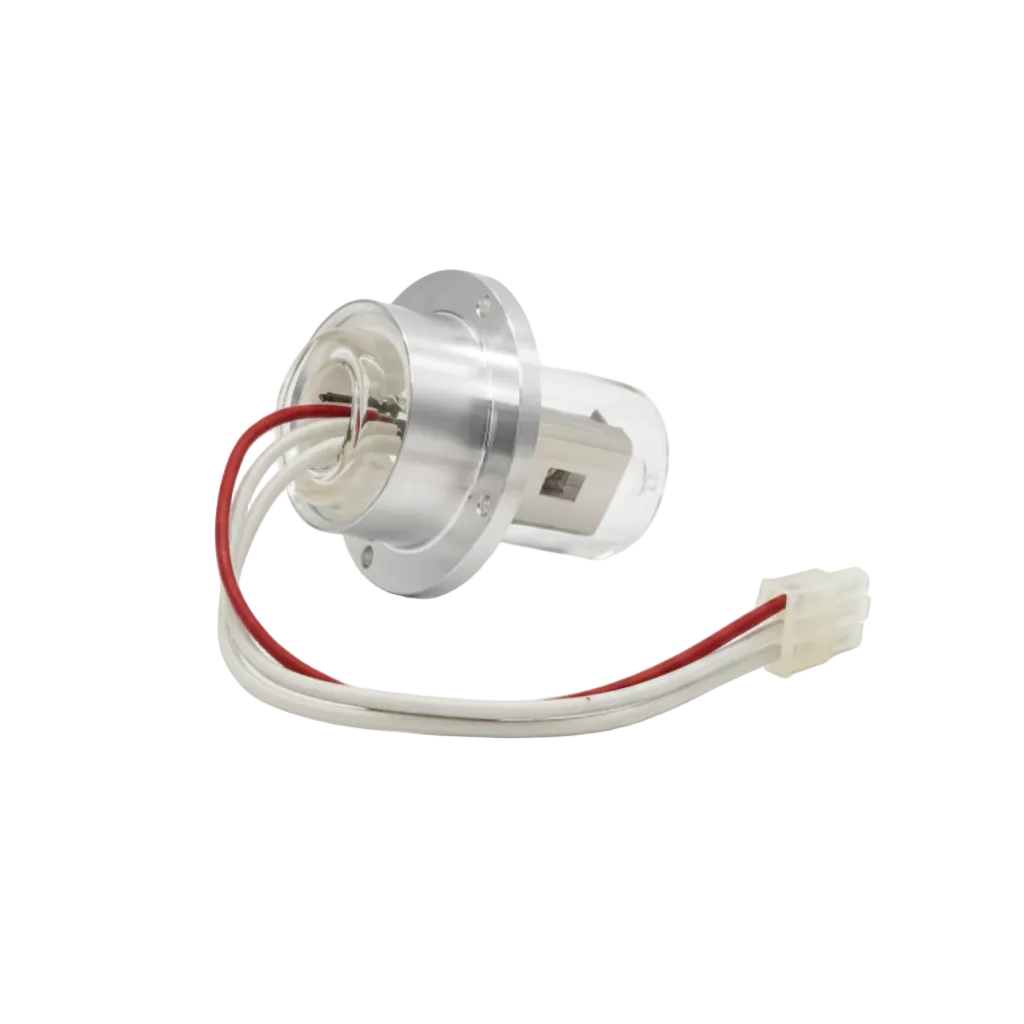 A Hach DR4000U D2 automotive headlight replacement lamp with a silver aluminum housing, clear glass reflector, and red-and-white wire connector, shown on a white background with text below.