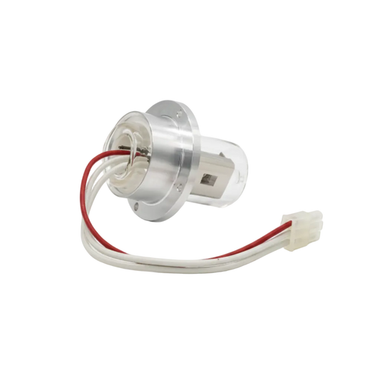 A Hach DR4000U D2 automotive headlight replacement lamp with a silver aluminum housing, clear glass reflector, and red-and-white wire connector, shown on a white background with text below.