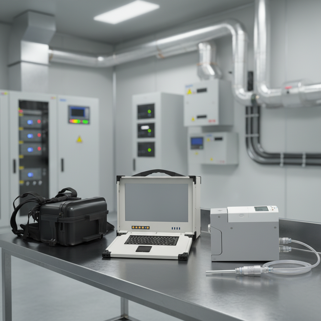 A portable electronic testing or monitoring kit shown on a white background, including a black hard case, an open rugged laptop-style monitor unit, and a white rectangular device with a small screen and attached tubing.