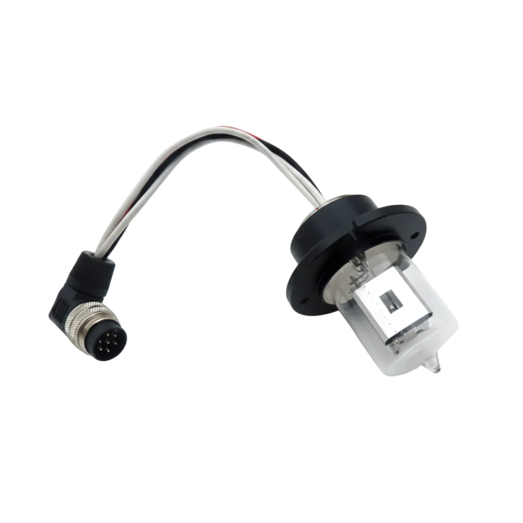 A knauer automotive lamp assembly with a clear glass bulb, black plastic base, and attached wire connector, shown on a white background with text below identifying the model as Knauer Azura UVD 2.1S and L, DAD 2.