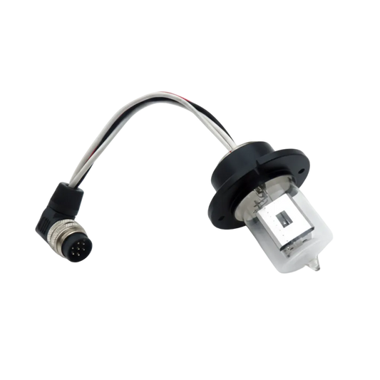A knauer automotive lamp assembly with a clear glass bulb, black plastic base, and attached wire connector, shown on a white background with text below identifying the model as Knauer Azura UVD 2.1S and L, DAD 2.