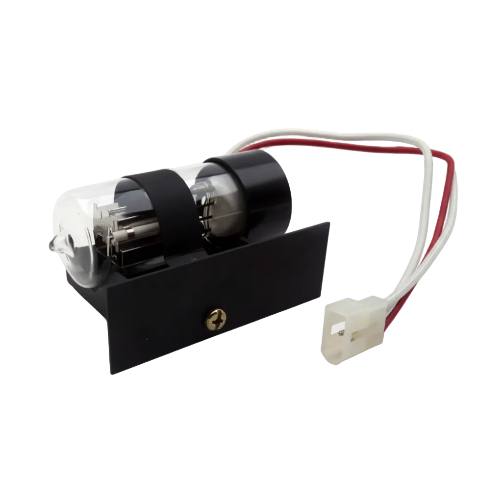 A linear/thermo separation SSI UV lamp with a black metal base, clear glass tube, internal silver filaments, and attached white and red wires ending in a white connector, shown on a white background with text reading 'Linear/ Thermo Separation/ SSI UV Lamp'.