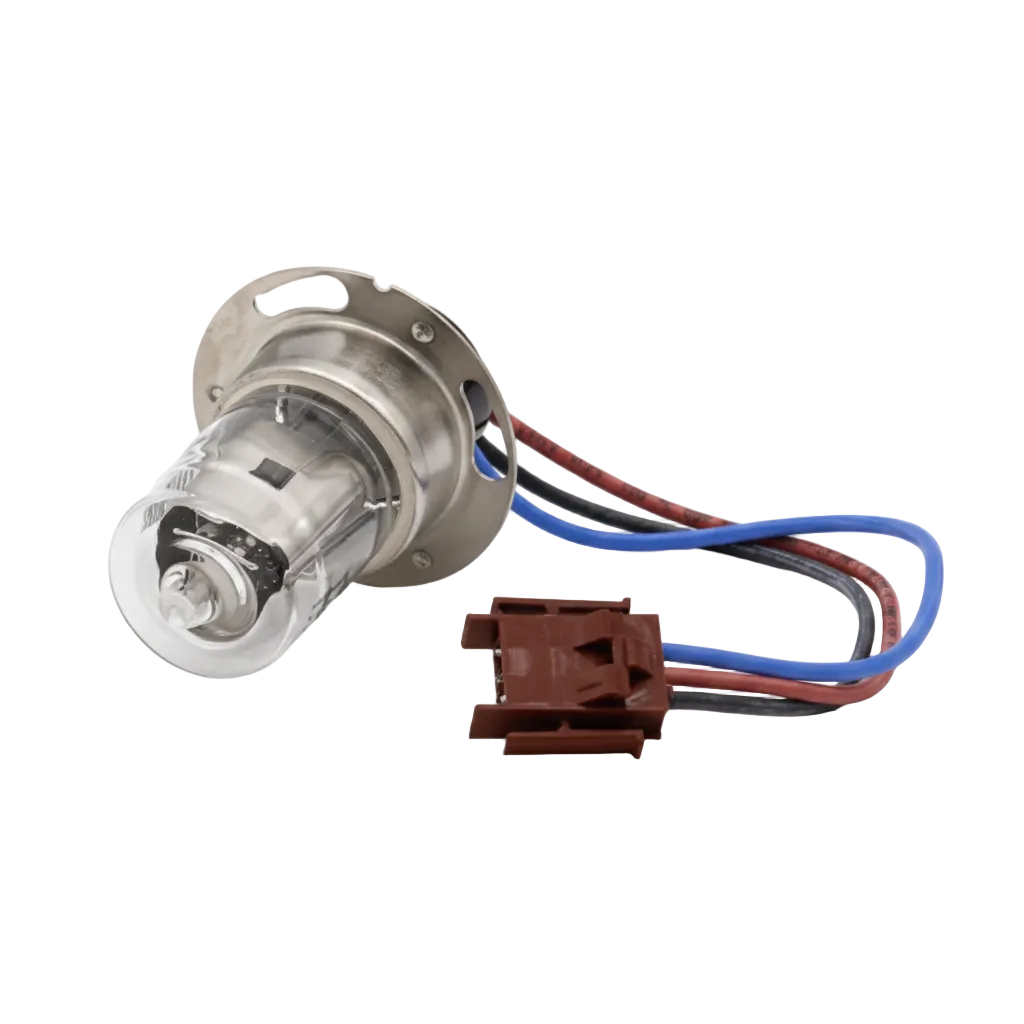 A Nicolet Evolution 100 500 600 Deuterium car headlight bulb with a clear glass envelope, silver metal base, and a brown multi-pin connector with blue and red wires, shown on a white background with text overlay at the bottom.