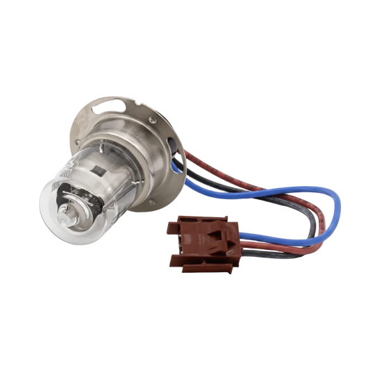 A Nicolet Evolution 100 500 600 Deuterium car headlight bulb with a clear glass envelope, silver metal base, and a brown multi-pin connector with blue and red wires, shown on a white background with text overlay at the bottom.