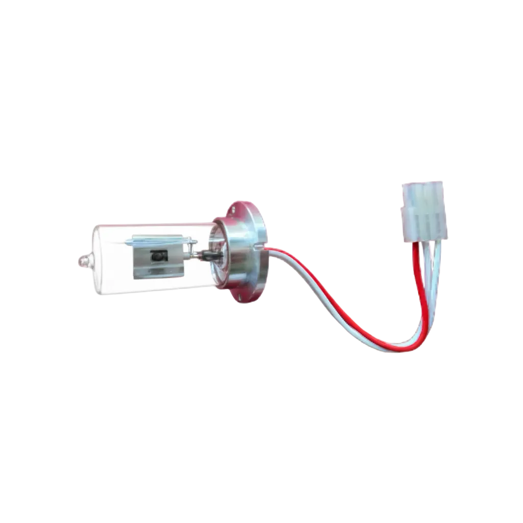 A clear cylindrical automotive light bulb with a silver metal base, featuring red and white wire leads connected to a white plastic connector, isolated on a white background.