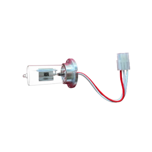 A clear cylindrical automotive light bulb with a silver metal base, featuring red and white wire leads connected to a white plastic connector, isolated on a white background.
