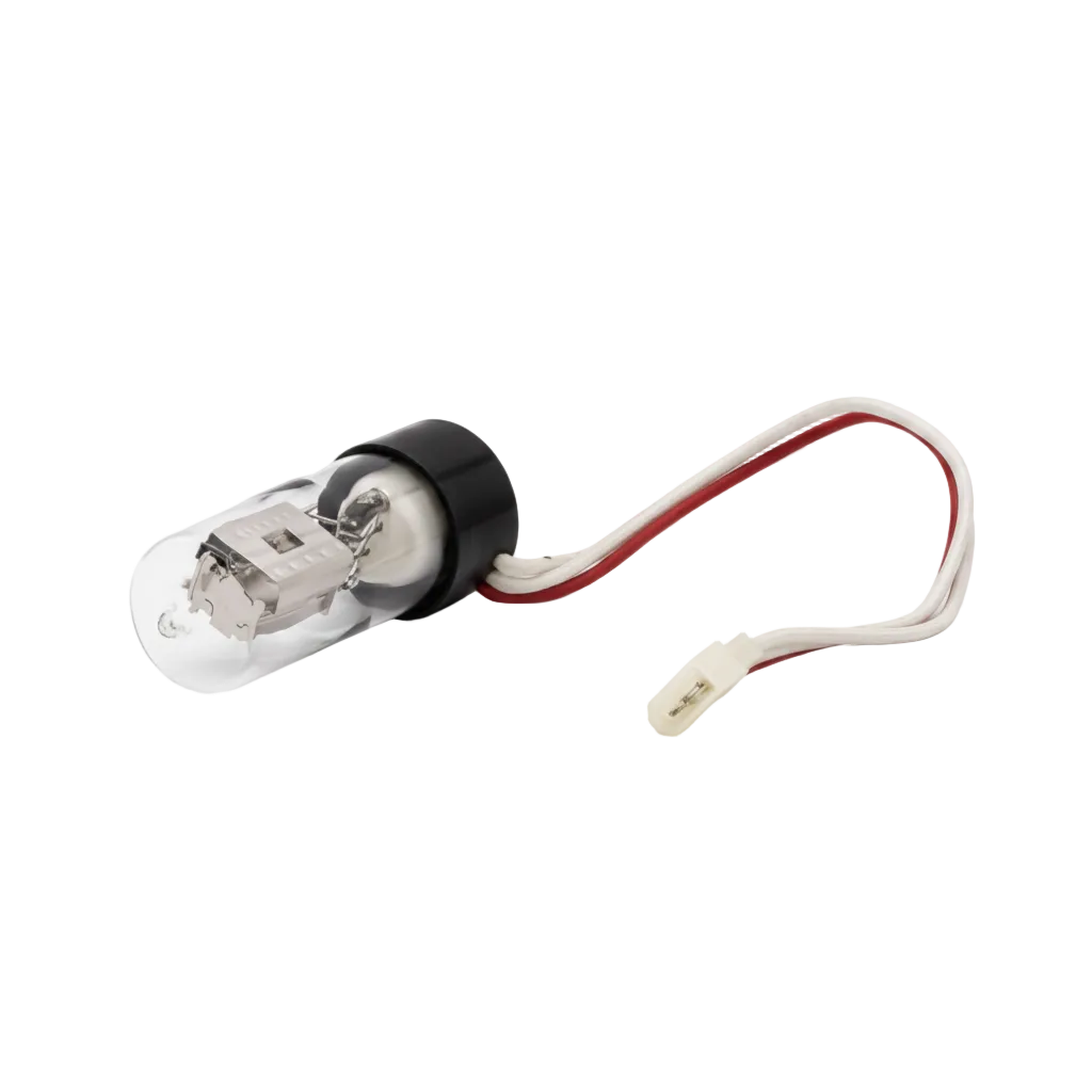A clear glass light bulb with a black base and attached white wire harness with red and white leads, photographed on a clean white background.