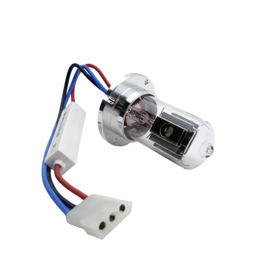 A Perkin Elmer Series 200 DAD Phase 1 and 2 Deuterium Lamp with a clear glass envelope, silver metal base, and attached white connector with red, blue, and black wires, shown on a white background with text below.