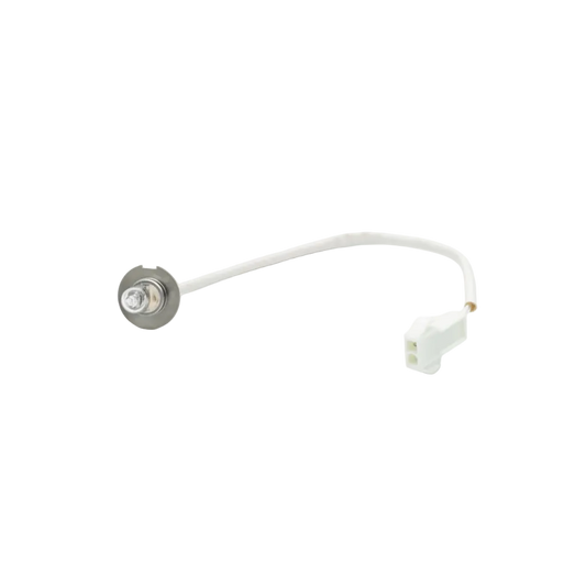 A replacement light bulb with a white wire and a white plastic connector, featuring a silver metal base with a clear glass bulb, shown on a plain white background.