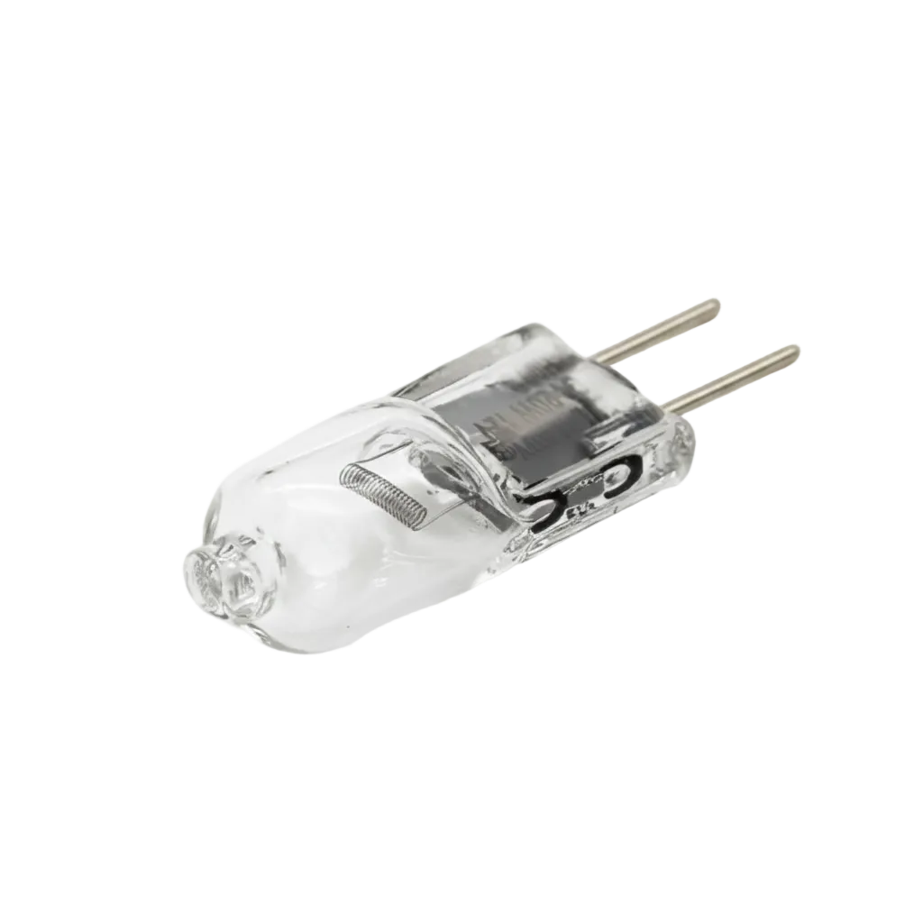 A small clear glass tungsten lamp with two metal pins, shown on a white background with text below reading 'Shimadzu SPD-M20A/M10AVP Tungsten Lamp'.