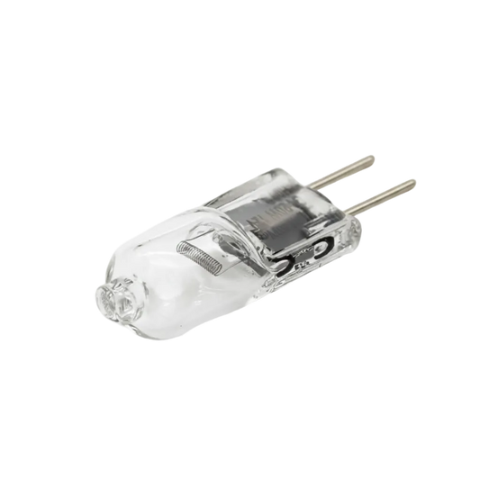 A small clear glass tungsten lamp with two metal pins, shown on a white background with text below reading 'Shimadzu SPD-M20A/M10AVP Tungsten Lamp'.