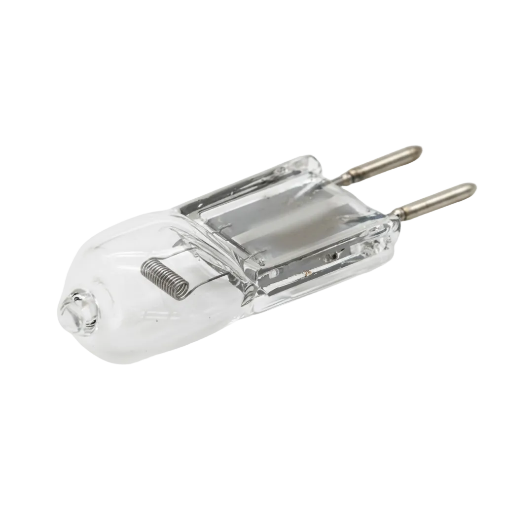 A clear glass Shimadzu UV PC Tungsten lamp with two metal pins, shown on a light gray background with text below reading 'Shimadzu UV PC Tungsten Lamp'.