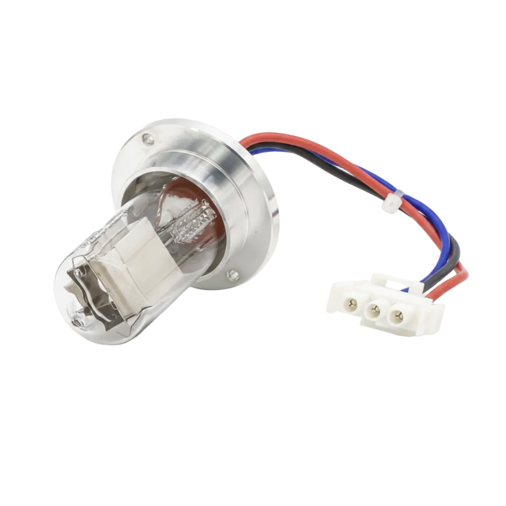 A DAD UVD lamp for Thermo / Dionex / Gynkotech, featuring a clear glass bulb, a silver metal base, and a multi-colored wire connector with red, blue, and black wires, shown on a white background with a 'Show sidebar' button overlay.