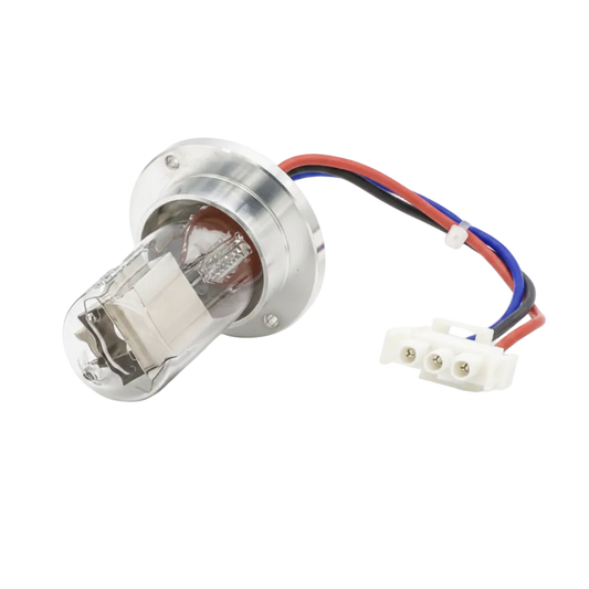 A DAD UVD lamp for Thermo / Dionex / Gynkotech, featuring a clear glass bulb, a silver metal base, and a multi-colored wire connector with red, blue, and black wires, shown on a white background with a 'Show sidebar' button overlay.