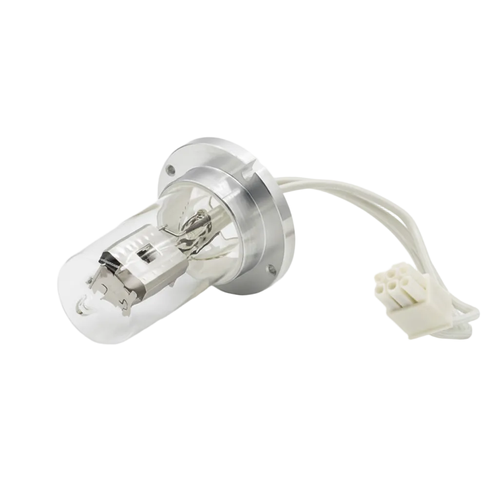 A D2 replacement headlight lamp for Dionex UltiMate 3000 DAD MWD, featuring a clear glass envelope, silver metal base, and white connector wire, shown on a white background with text overlay at the bottom.