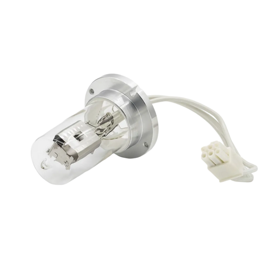 A D2 replacement headlight lamp for Dionex UltiMate 3000 DAD MWD, featuring a clear glass envelope, silver metal base, and white connector wire, shown on a white background with text overlay at the bottom.