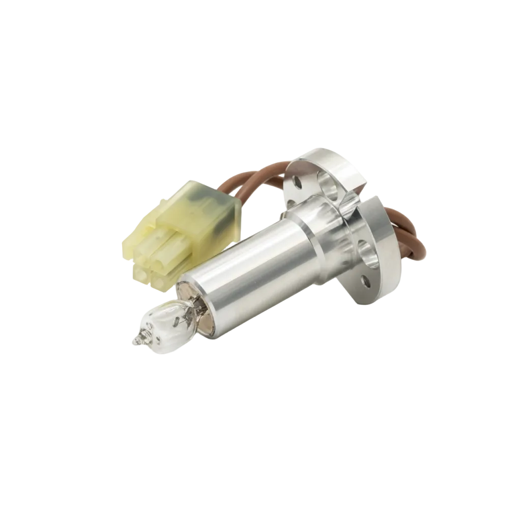 A Thermo / Dionex UltiMate Series Tungsten Lamp replacement bulb with a silver metal body, brown wire leads, and a translucent yellow-green connector, shown on a light gray background with text below.