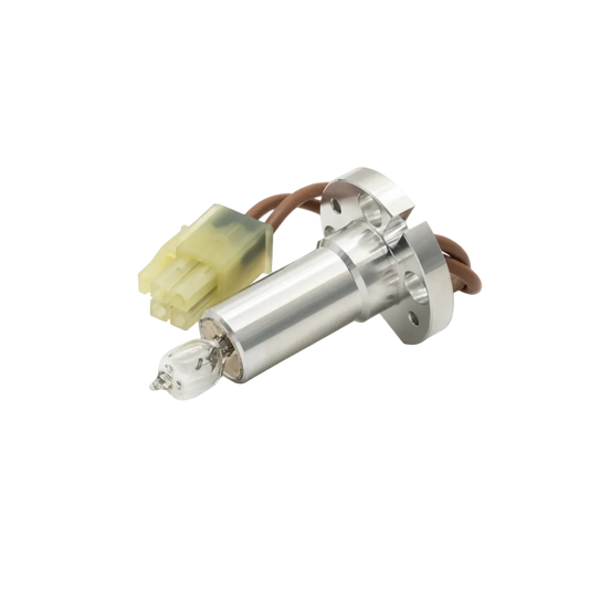 A Thermo / Dionex UltiMate Series Tungsten Lamp replacement bulb with a silver metal body, brown wire leads, and a translucent yellow-green connector, shown on a light gray background with text below.