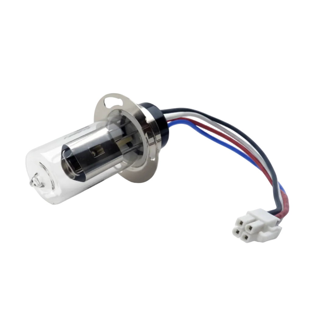 Thermo Fisher iCE3300 AAS lamp for automotive headlights, featuring a clear glass envelope, black internal components, a silver metal base, and multi-colored wire connectors on a white background with a text overlay at the bottom.
