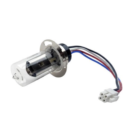 Thermo Fisher iCE3300 AAS lamp for automotive headlights, featuring a clear glass envelope, black internal components, a silver metal base, and multi-colored wire connectors on a white background with a text overlay at the bottom.