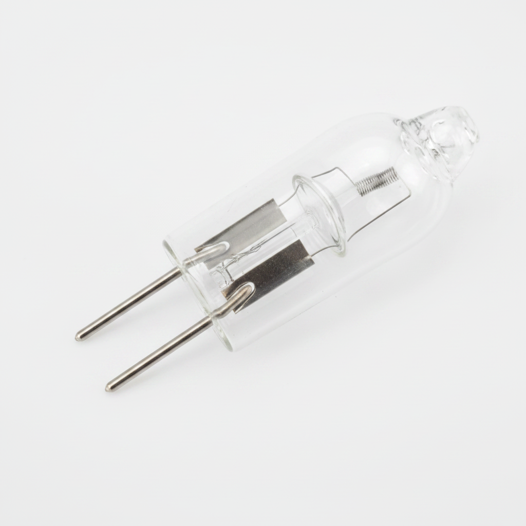 A clear glass GU10 bi-pin light bulb with internal metallic filaments and printed orange text, shown on a white background.
