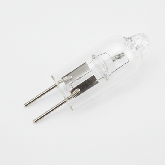 A clear glass GU10 bi-pin light bulb with internal metallic filaments and printed orange text, shown on a white background.