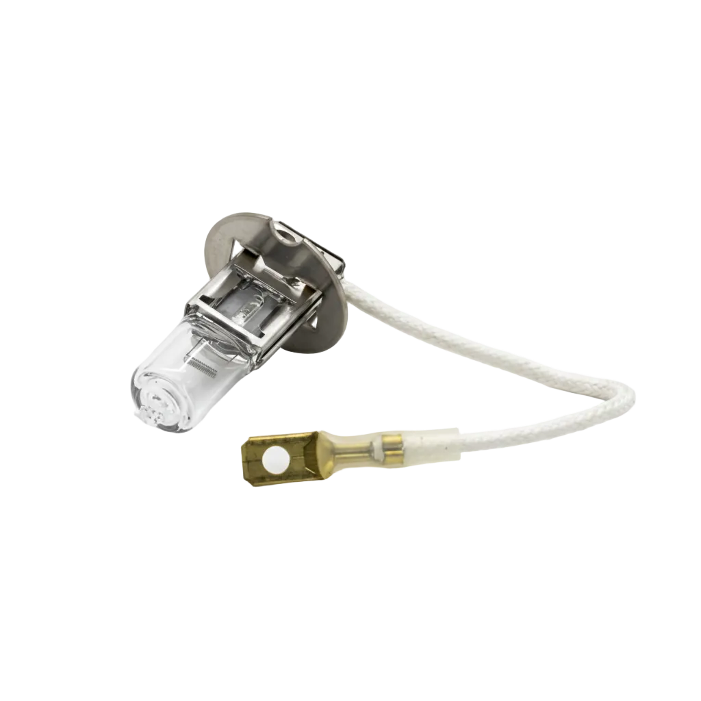 A Cecil Tungsten lamp bulb with a clear glass envelope, silver metal base, and white braided wire lead with a brass connector, shown on a light gray background with the text 'Cecil Tungsten Lamp' below.