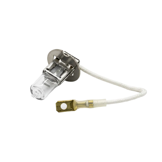 A Cecil Tungsten lamp bulb with a clear glass envelope, silver metal base, and white braided wire lead with a brass connector, shown on a light gray background with the text 'Cecil Tungsten Lamp' below.