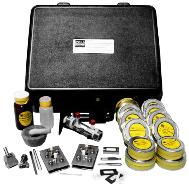 A comprehensive dental impression kit displayed with its black carrying case open, showing various tools, trays, bottles, and containers neatly arranged on a white background.