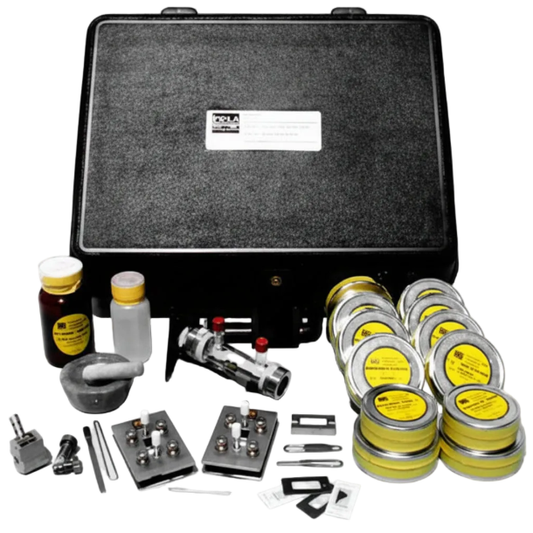 A comprehensive dental impression kit displayed with its black carrying case open, showing various tools, trays, bottles, and containers neatly arranged on a white background.