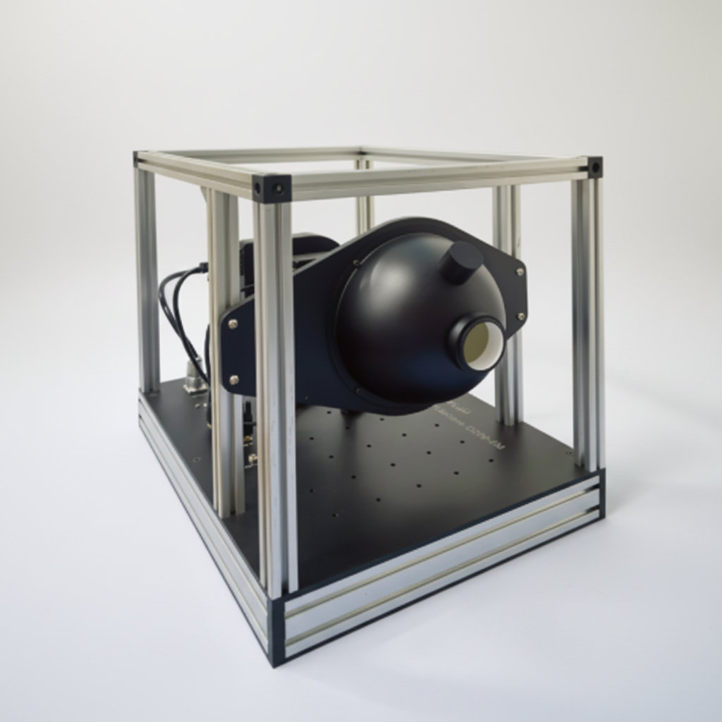 A black spherical optical or scientific device mounted on a black base inside a silver aluminum frame enclosure, shown on a white background.