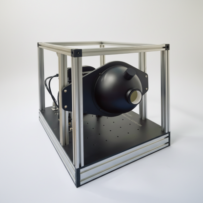 A black spherical optical or scientific device mounted on a black base inside a silver aluminum frame enclosure, shown on a white background.