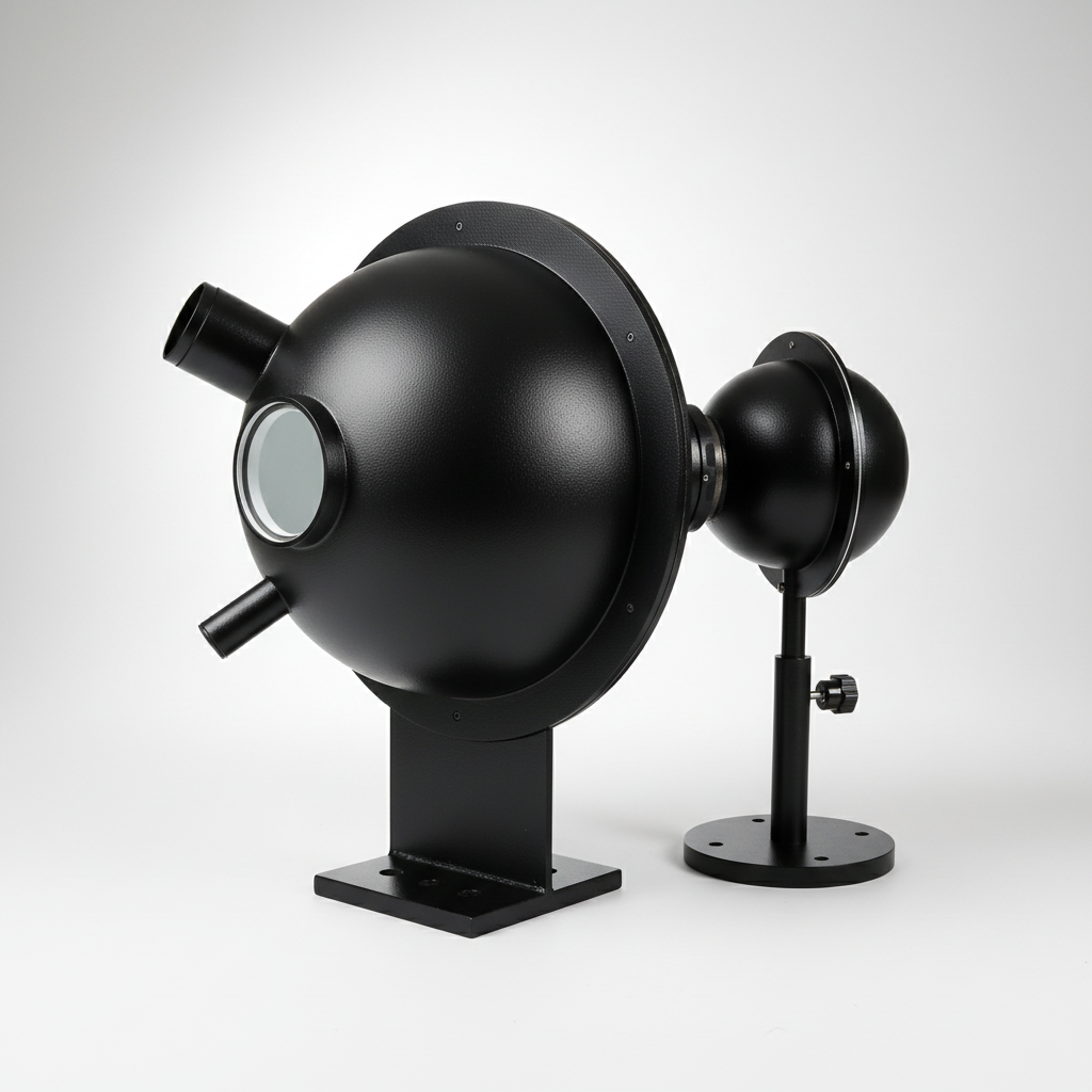A black spherical industrial spotlight or lamp housing mounted on a black stand, shown on a light wood surface with a second similar unit partially visible in the background.
