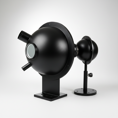 A black spherical industrial spotlight or lamp housing mounted on a black stand, shown on a light wood surface with a second similar unit partially visible in the background.