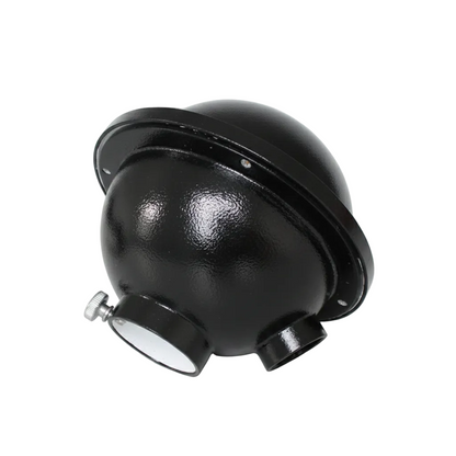 A glossy black dome-shaped plastic or rubber component with a small silver screw and two short cylindrical protrusions, photographed on a light gray surface.