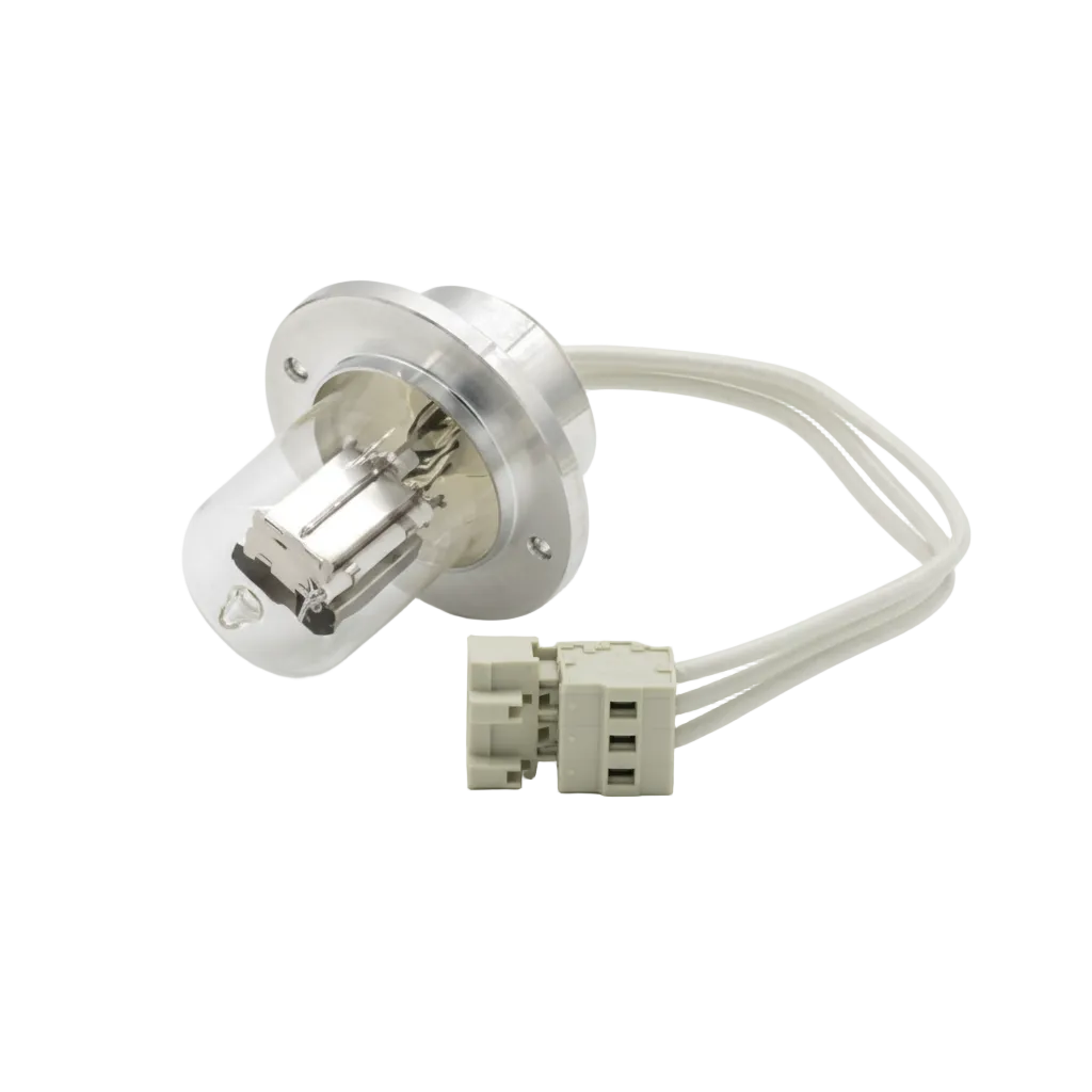 A Knauer Wellchrom Series D2 automotive lamp with a silver-colored metal base, clear glass envelope, and beige plastic connector, shown on a white background with text overlay at the bottom.