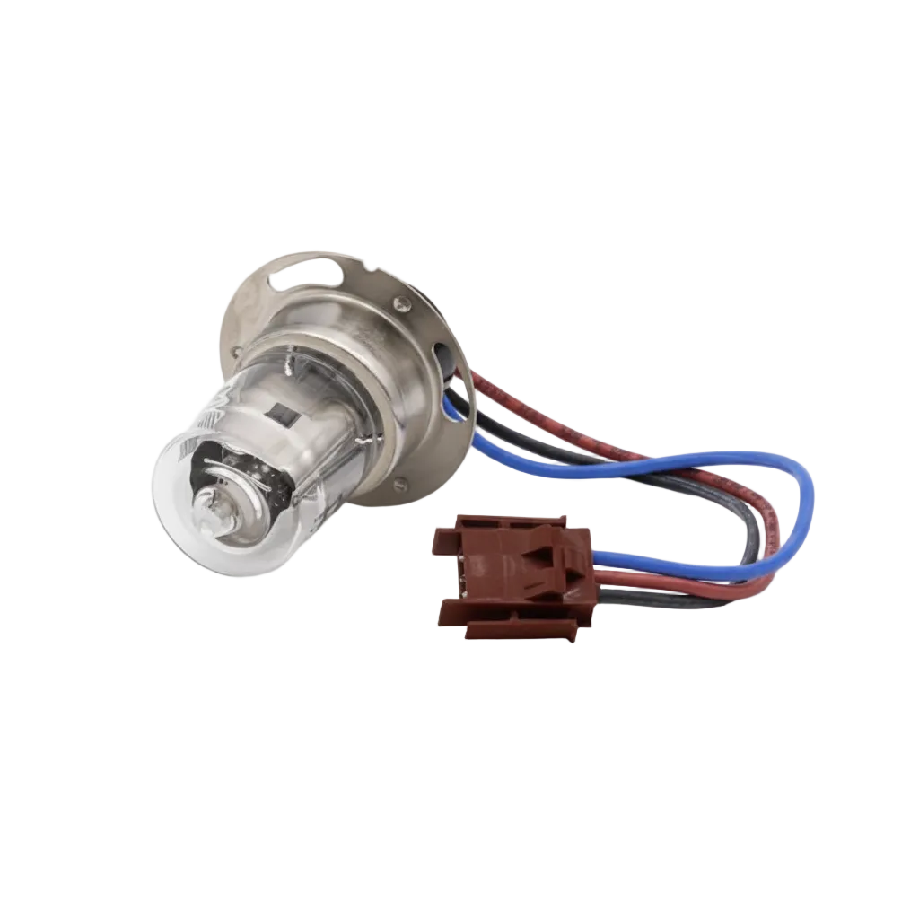 A Unicam Helios D2 car headlight bulb with a clear glass envelope, silver metal base, and attached wiring connector with blue, red, and brown wires, shown on a white background with text reading 'Unicam Helios D2 Lamp'.