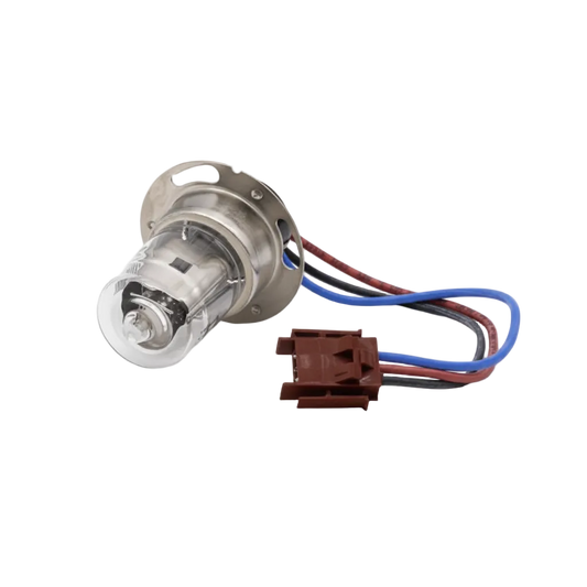 A Unicam Helios D2 car headlight bulb with a clear glass envelope, silver metal base, and attached wiring connector with blue, red, and brown wires, shown on a white background with text reading 'Unicam Helios D2 Lamp'.