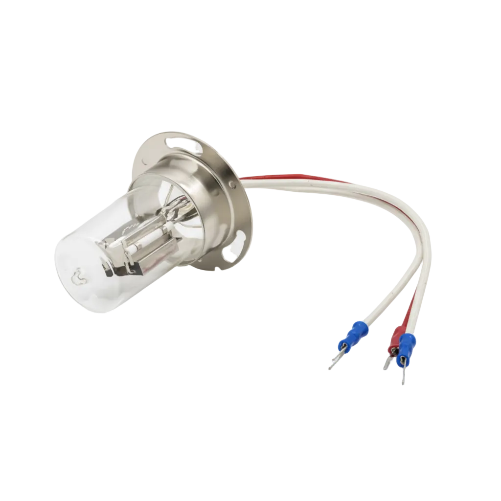 A Varian Prostar 330 D2 lamp with a clear glass envelope, silver metal base, and two wires with blue and red connectors, shown on a white background with text below.