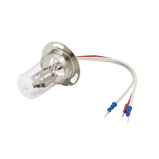 A Varian Prostar 330 D2 lamp with a clear glass envelope, silver metal base, and two wires with blue and red connectors, shown on a white background with text below.
